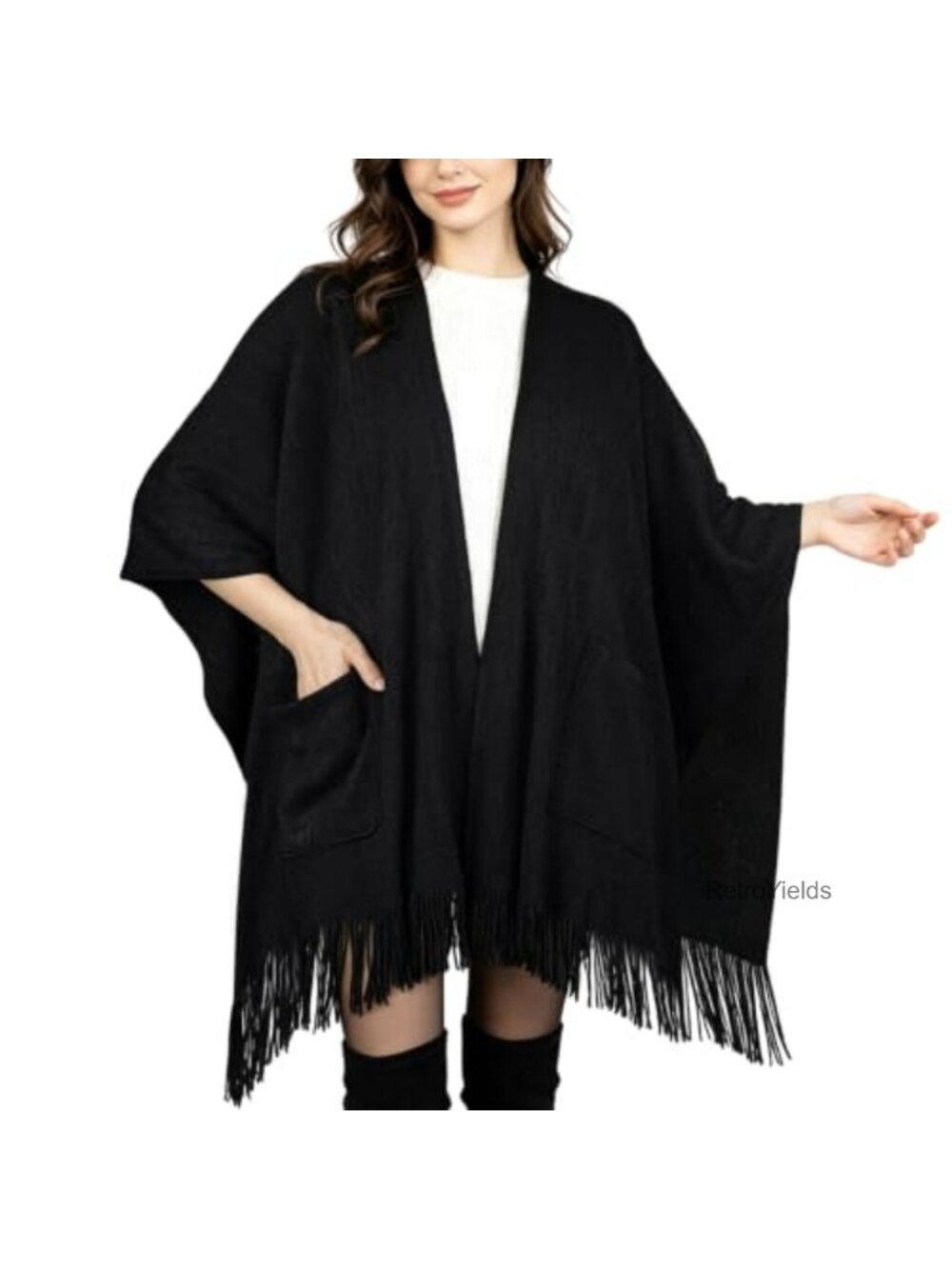 Knit Shawl Wrap Open Front Poncho Scarf with Tassels One Size